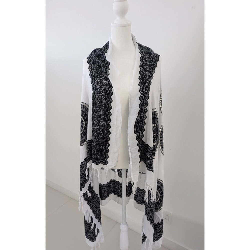Boho Wrap White Black Mandala Floral Sarong Oversized Cover-up 57โ L x 43.5โ W